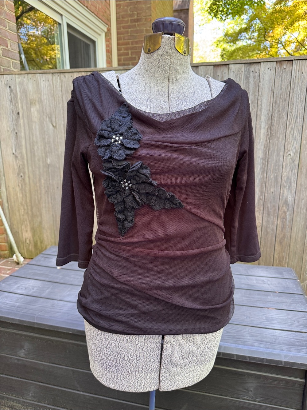 Arden B Black Floral Appliqué Women’s Top - Elegant 3/4 Sleeve